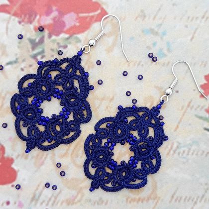 Hand Made Tatted Lace Earrings - Navy Blue